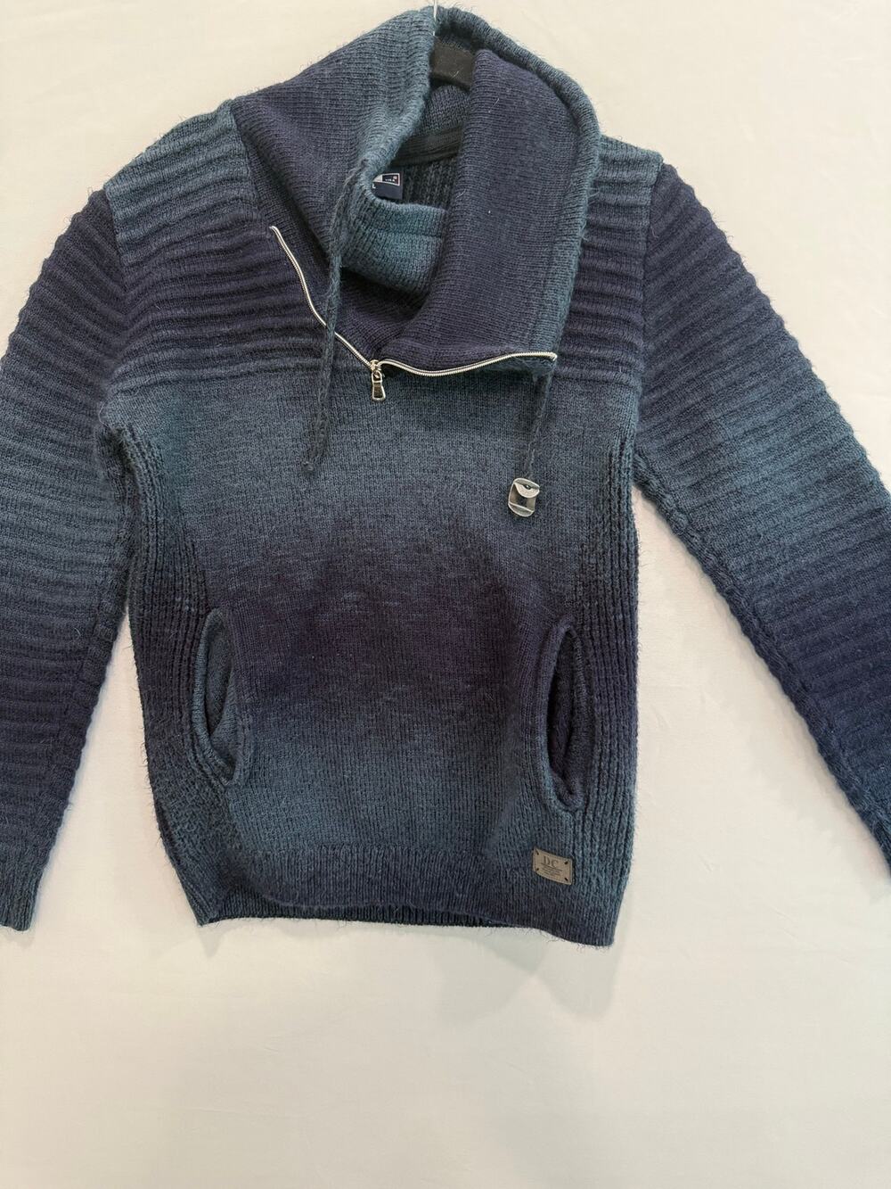 Deca Prio USA Chunky Knit Moto Sweater L Asymmetrical Zip Funnel Neck Navy